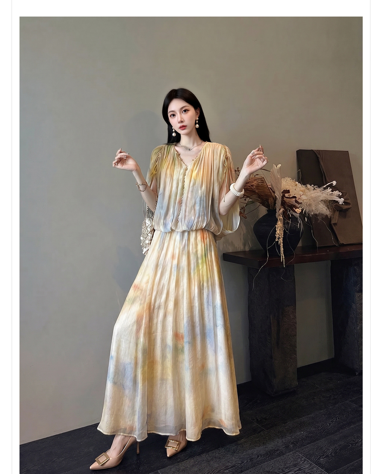 Đầm maxi nữ thắt eo họa tiết chìm gradient cao cấp — Gạo màu chi tiết 5