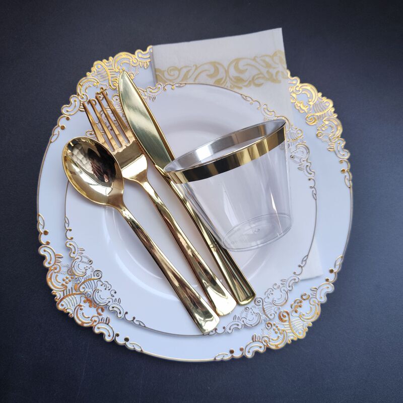 175 Disposable Dinner Plate Dragon Pattern White Phnom Penh Relief Plate Wine Glass Knife and Fork Spoon PS Hard Plastic Dust-free Paper suit