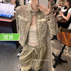 板栗豹纹限定'小众做旧定染豹纹印花立领外套女秋