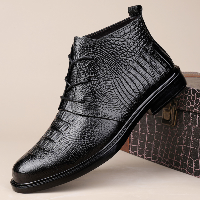 Spring and Autumn Large Size Velvet High-Top Leather Shoes for Men, Crocodile Pattern First-Layer Cowhide Cotton Boots, Boots, British Work Boots, Snow Boots
