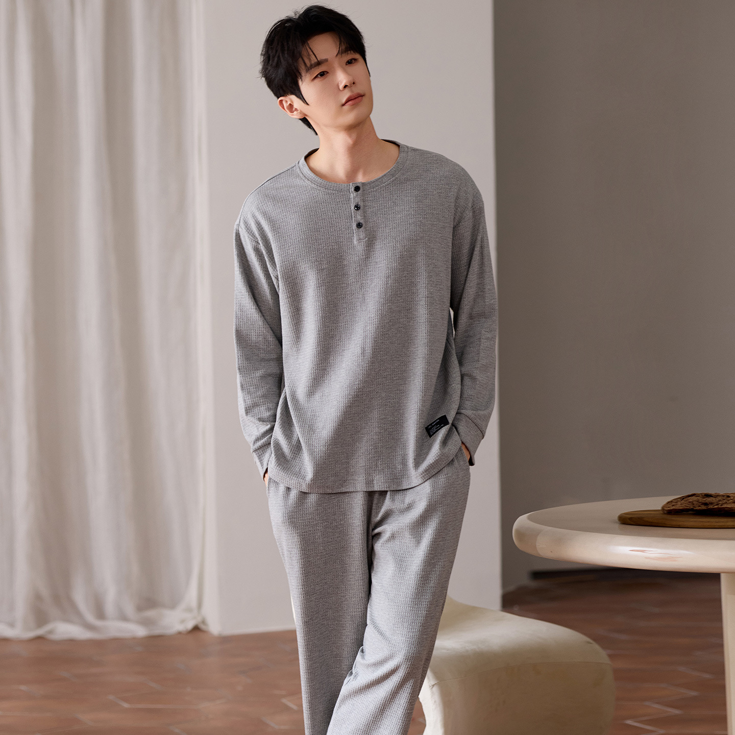 Waffle Pajamas Men's Spring & Fall Pullover Suit Long-Sleeved Boys' Autumn and Winter Pure Cotton Home Clothes Men's Thin Style