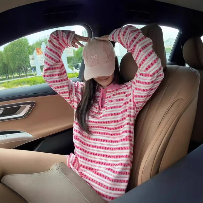 South Korea High-quality White Stripe Design Jacquard Button Polo Shirt Women's Long Sleeve Loose Base