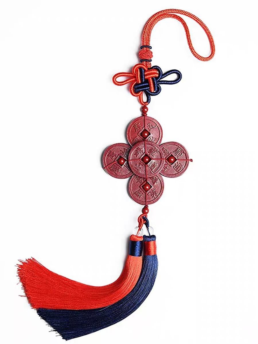 High-Content Cinnabar Five Emperors Money Car Pendant Hand-Woven Chinese Knot Hanging Ornaments Car Accessories Safety Decorations