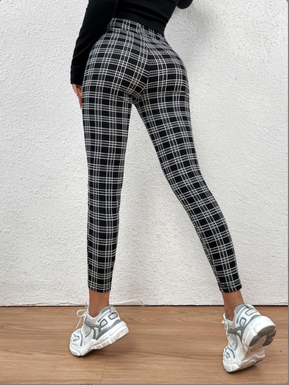 High-Waist Houndstooth Tight-Fitting Hip-Lifting Slim Pants NSGXY98357