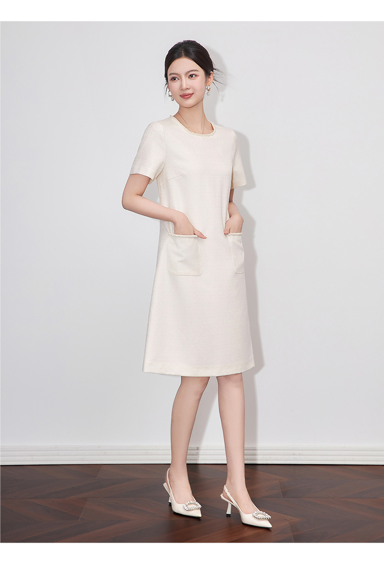 Váy liền nữ kiểu Pháp cổ tròn tay ngắn dệt jacquard ôm nhẹ — Màu be chi tiết 9