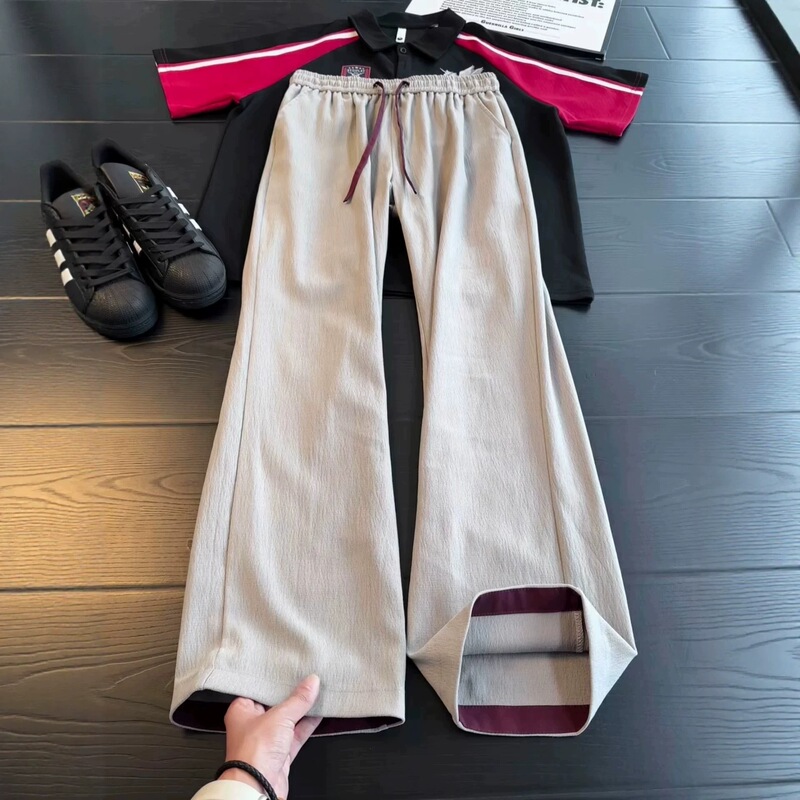 American retro color-blocked pants for men, summer textured design, breathable straight-leg pants, quick-dry sports casual pants
