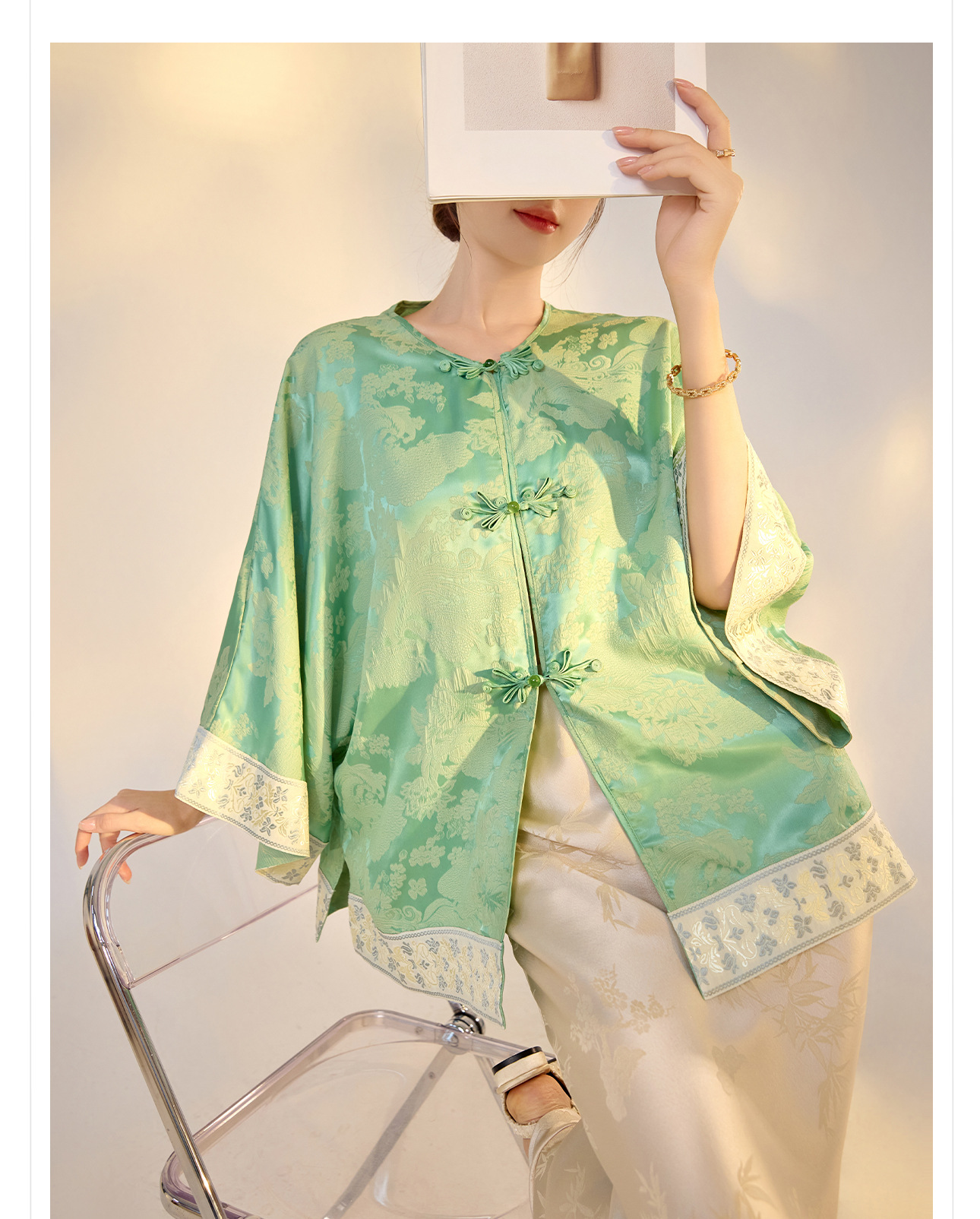 Áo sơ mi nam dài tay họa tiết in hình phong cách retro thanh lịch — Xanh lục chi tiết 7