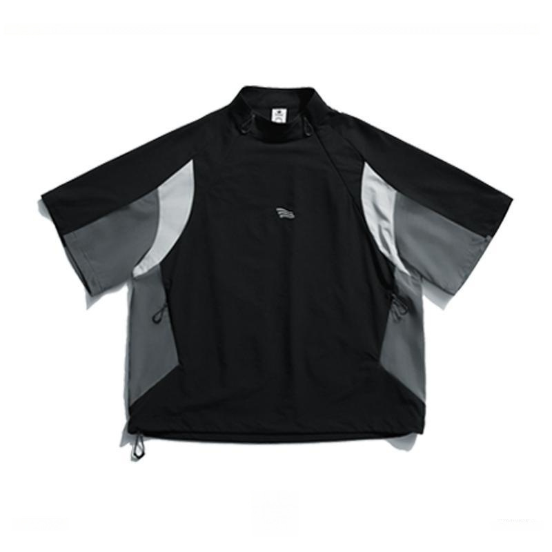 24 Summer Short-Sleeved Shirt for Men, Black and Gray Color-Blocking Mesh Stitching, Japanese Mountain Style Quick-Drying Training Jersey Shirt