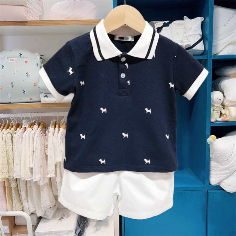 Summer New Men's Baby's Navy Blue Lel Polo Shirt White Shorts Two-piece Set Gentleman Korean Style MS531102