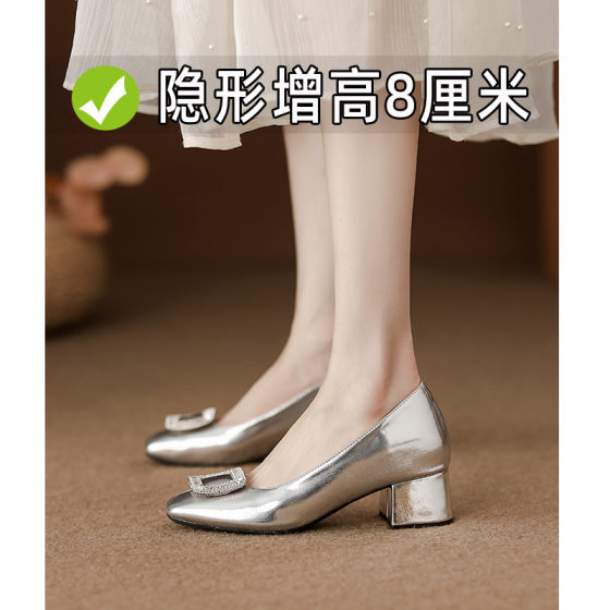 Mary Jane Shoes High-rise Romantic French Retro Shallow Mouth Shoes Summer Women's Gentle Style Leather Shoes with silver