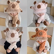 冬季卡皮巴拉帽子儿童围巾一体秋冬季围脖捏耳朵会动的吧啦男孩女