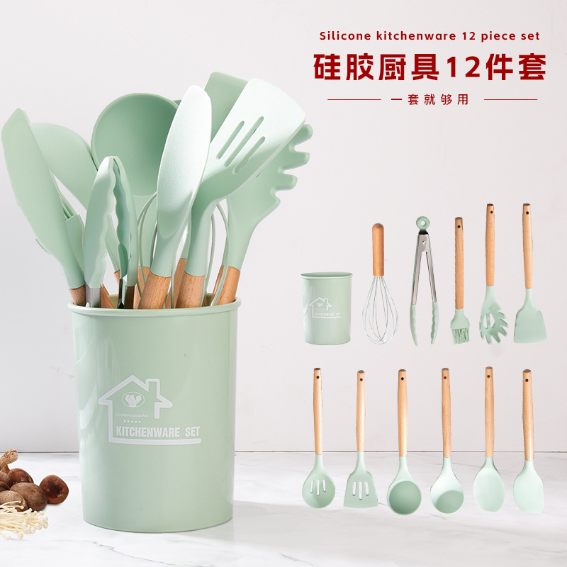 Cross-border Kitchen Set Wooden Handle Silicone Spatula Cooking Spoon...
