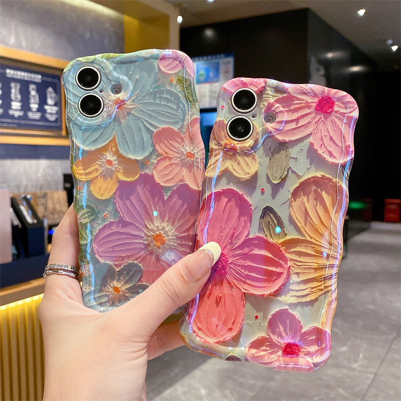 Blue Light Oil Painting Flowers Suitable for Apple 16Pro Mobile Phone Case 13 All-Inclusive Ip17Promax Wavy Edge Imd Case 15