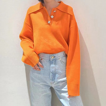 法单S家2022年秋冬新款橘色POLO立领短款针织上衣女