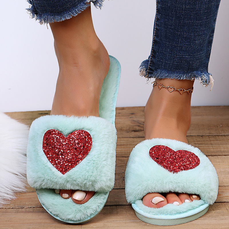 2024 New Women's plus size Mao Mao Tuo Autumn and Winter One-character Flat Heel Open Toe Popular Fashion Warm Heart-shaped Drag