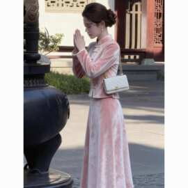 新中式国风浅粉色百搭套装裙独特漂亮巨好看的高端精致两件套女