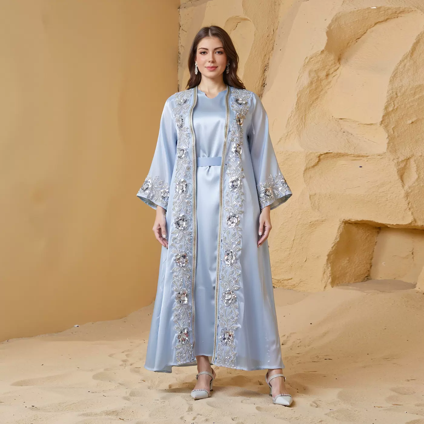 跨境中东穆斯林烫钻两件套女士连衣裙 迪拜abaya长袍女装外贸批发