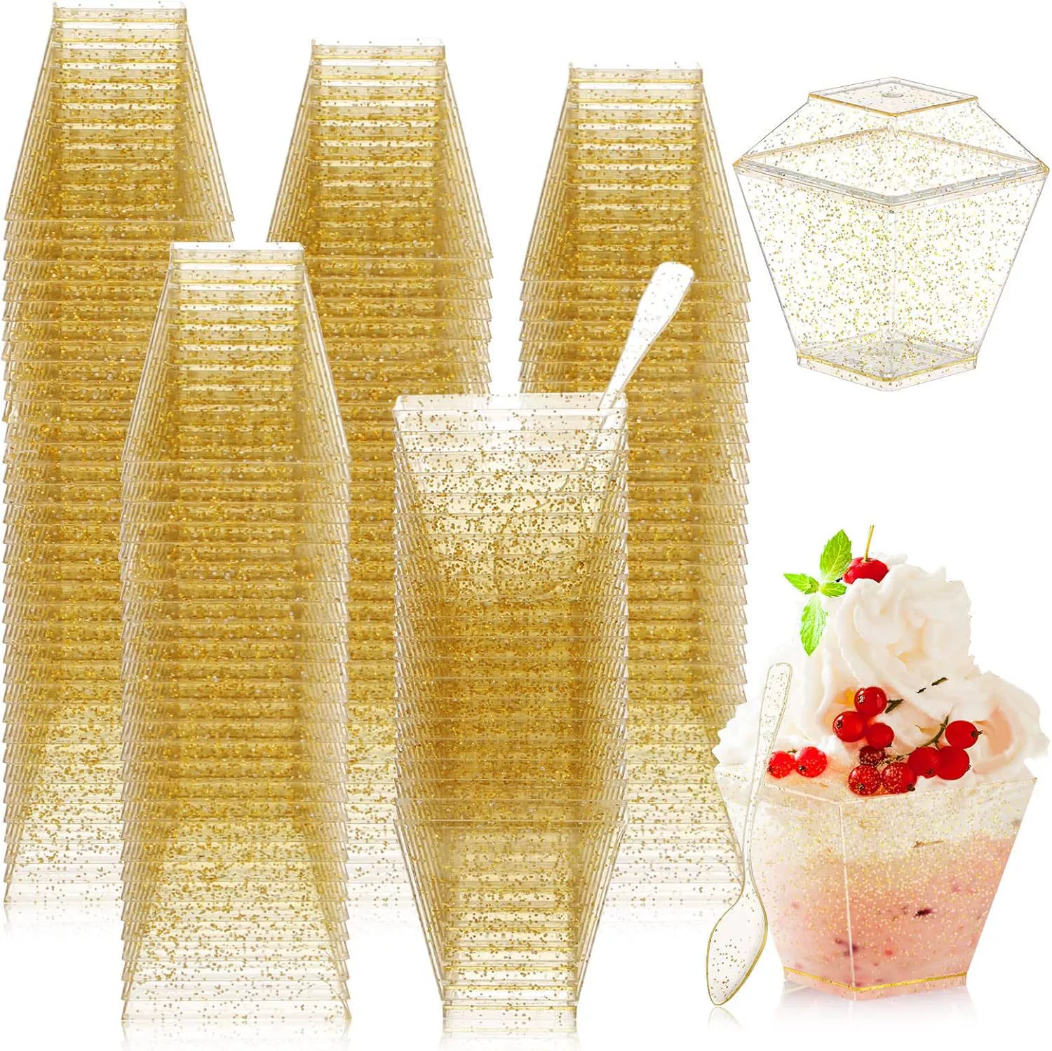 Пятно квадратные одноразовые золото и серебро порошок блеска прозрачный 2OZ мини пластиковые десерт чашки с ложкой и крышкой