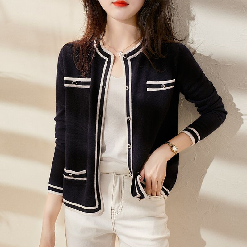 2024 Contrasting Color Small Fragrance Style Spring & Fall Knitted Cardigan with New Elegant Long-Sleeved Sweater Jacket Short Top for Women