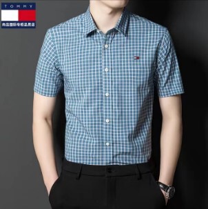 Tommy Tommy Men's Short-Sleeved Shirt Summer Business Plaid Shirt Casual Loose Thin Top Drop Shipping