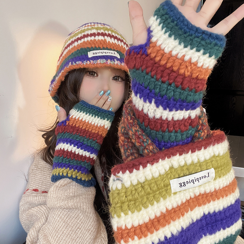 Autumn Winter New Warm Knitted Retro Rainbow Wool Korean Ins Trend Bag Gloves Hat Three-piece Set_voghion.com