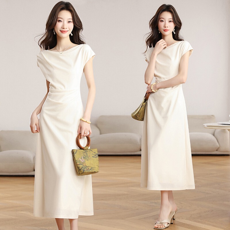 Elegant Off-The-Shoulder Apricot Dress for Women, 2026 Summer New Style, Cinched Waist, Short Sleeves, Intellectual and Simple Long Dress Elegant Off-The-Shoulder Apricot Dress for Women, 2026 Summer New Style, Cinched Waist, Short Sleeves, Intellectual and Simple Long Dress