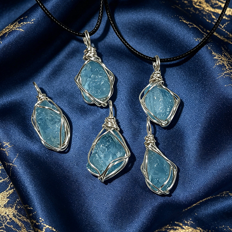 Aquamarine Crystal Wire-Wrapped Natural Aquamarine Necklace Raw Stone Pendant Copper Wire-Wrapped Handmade Necklace Ice Blue