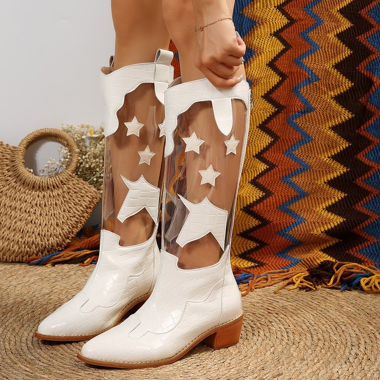 Damenschuhe Herbst und Winter neue hohe Stiefel Damen große Größe transparent fünfzackigen Stern niedrigen quadratischen Absatz Mode Damenstiefel_voghion.com