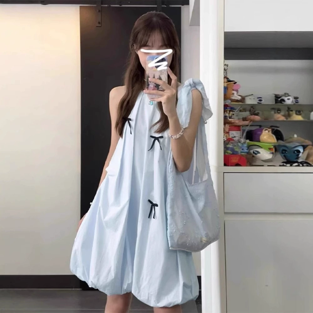 Летнее женское короткое платье 2025 года, новинка, французский стиль, без рукавов, пышное, с цветочным принтом, нежно-голубое, безрукавка-платье