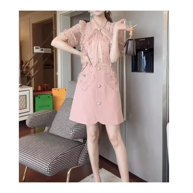 2022 Summer Light Luxury Heavy Embroidery Rhinestone Vintage Sweet Bow Dress