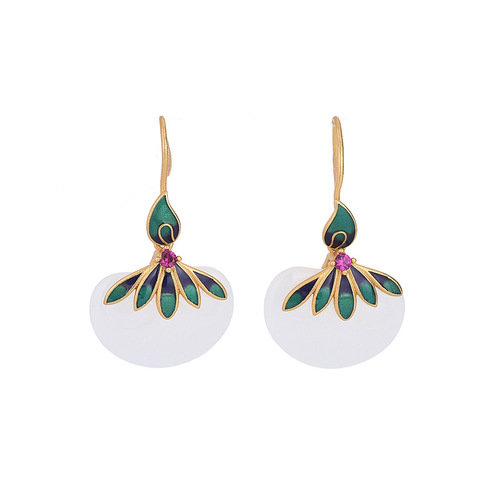 Chinese style classical Hanfu accessories cold enamel cloisonné craft inlaid imitation Hetian jade retro earrings and earrings for women