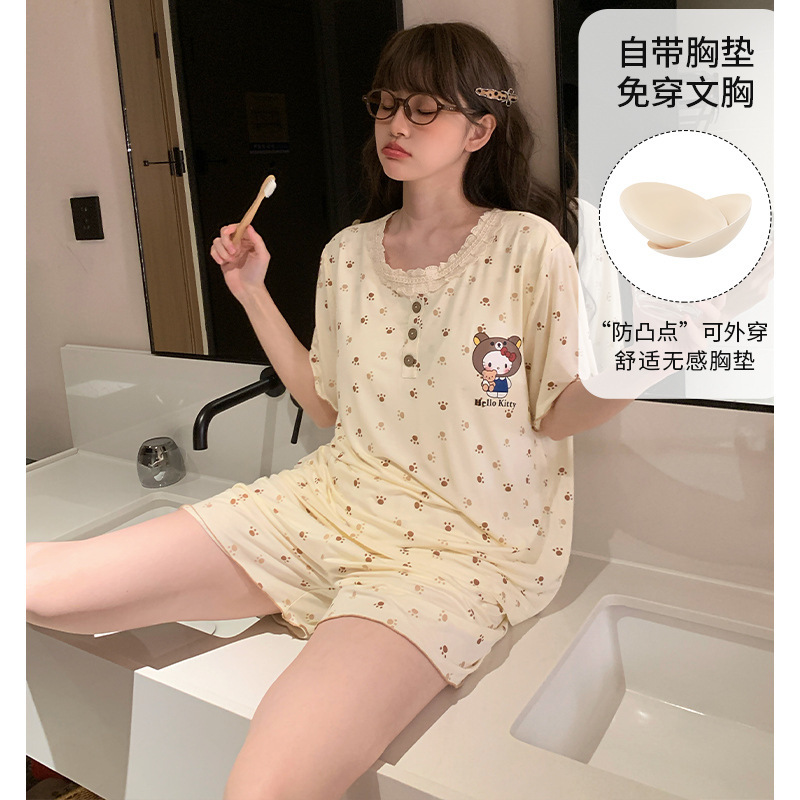 Women's Pajamas with Built-In Breast Pads, Modal Fabric, Cool and Soft, Korean Style, Cute Cartoon Design, Women's Home Wear Set, Can Be Worn Outside
