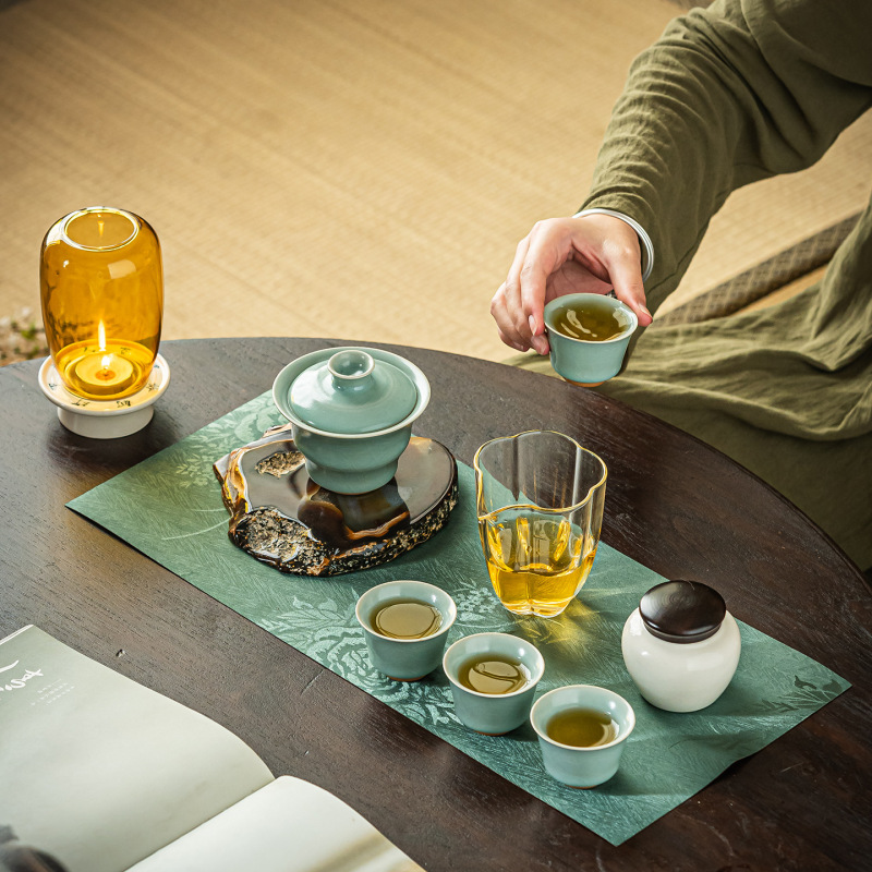 天青汝窑竹节套组开片可养茶具套装家用陶瓷一碗四杯泡茶装备礼品|undefined