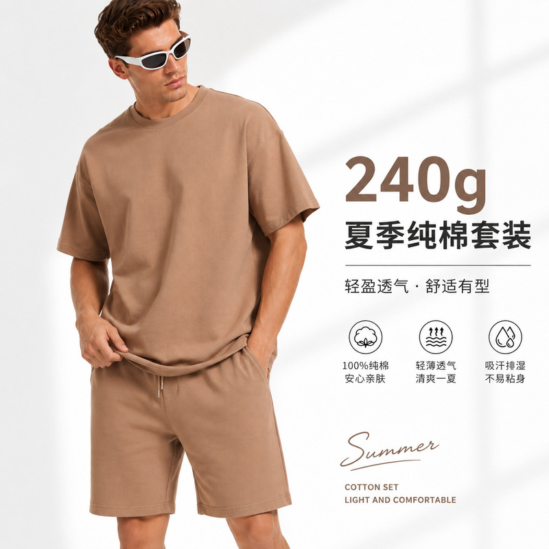 240g Heavyweight Men's Suit, Summer Casual 2-Piece Set, Men's Short-Sleeved T-Shirt and Shorts, Sports Suit, Pure Cotton