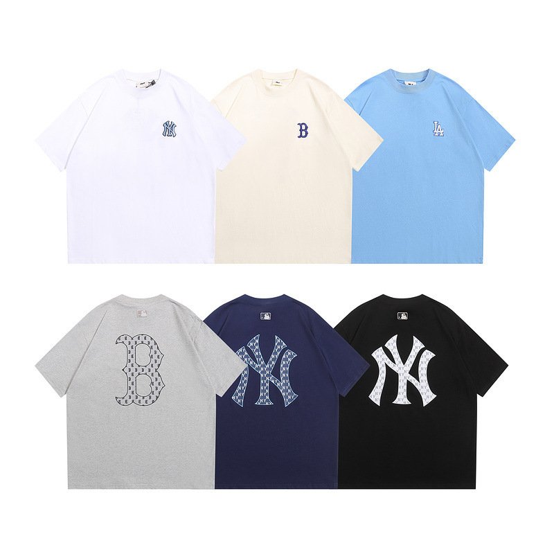 High Version Trendy Brand Mlb Short-Sleeve 25Ss New Style with Vintage Lettering Large Logo Print Casual Versatile Unisex T-Shirt