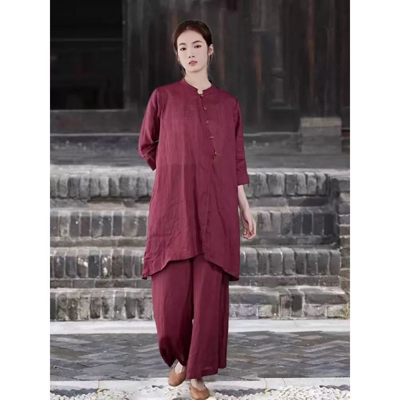 修行禅服女夏季佛系禅意素衣套装中式棉麻两件套斜襟居士服禅修服|undefined