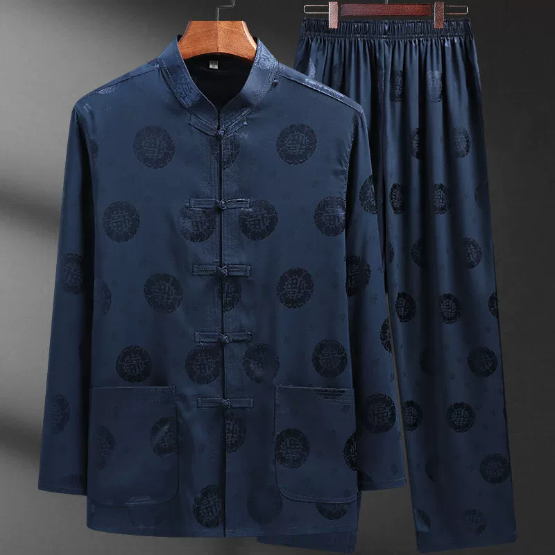 Summer thin silk set for boys for elderly, long-sleeve, Chinese style