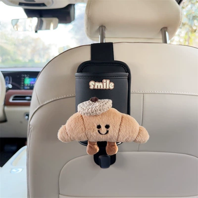 interior organizer, hook bag, front: Car cup holder/beverage holder - black-leather-cup-holder-with-hook-croissant-bag-beige-beret