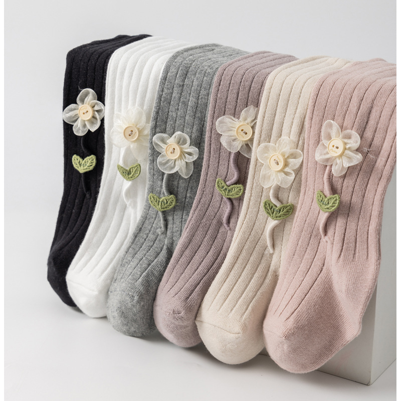 女童打底裤春秋儿童连裤袜婴儿双针抽条立体小花朵宝宝连体袜批发