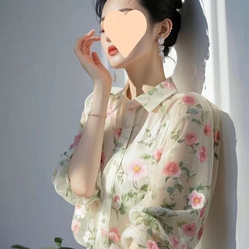 フランスの高級感、美しく、ユニークで美しい花柄の女性用七分袖シフォンシャツ、女性用の新しいスタイルの洋風日焼け服|undefined