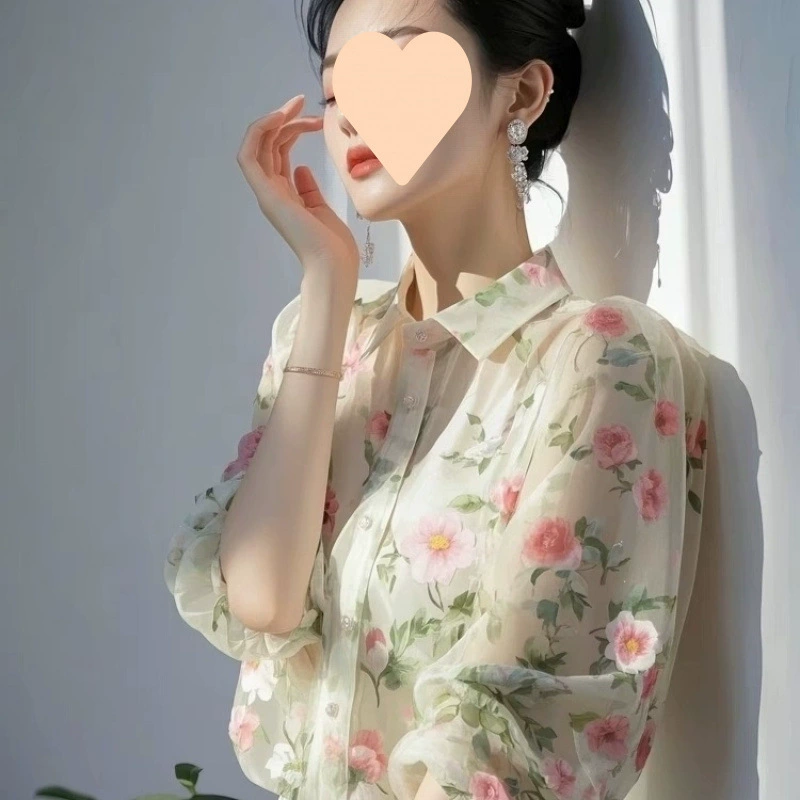 Французская элитная, красивая, уникальная и красивая шифоновая рубашка с рукавом три четверти с цветочным принтом для женщин, новый стиль, модная женская рубашка, сушащаяся на солнце.