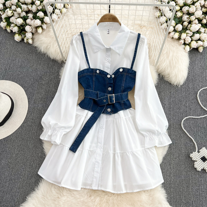 Foreign Trade 2025 New Autumn Hong Kong Style Retro Long-Sleeved Single-Breasted Shirt Dress Two-Piece Denim Vest