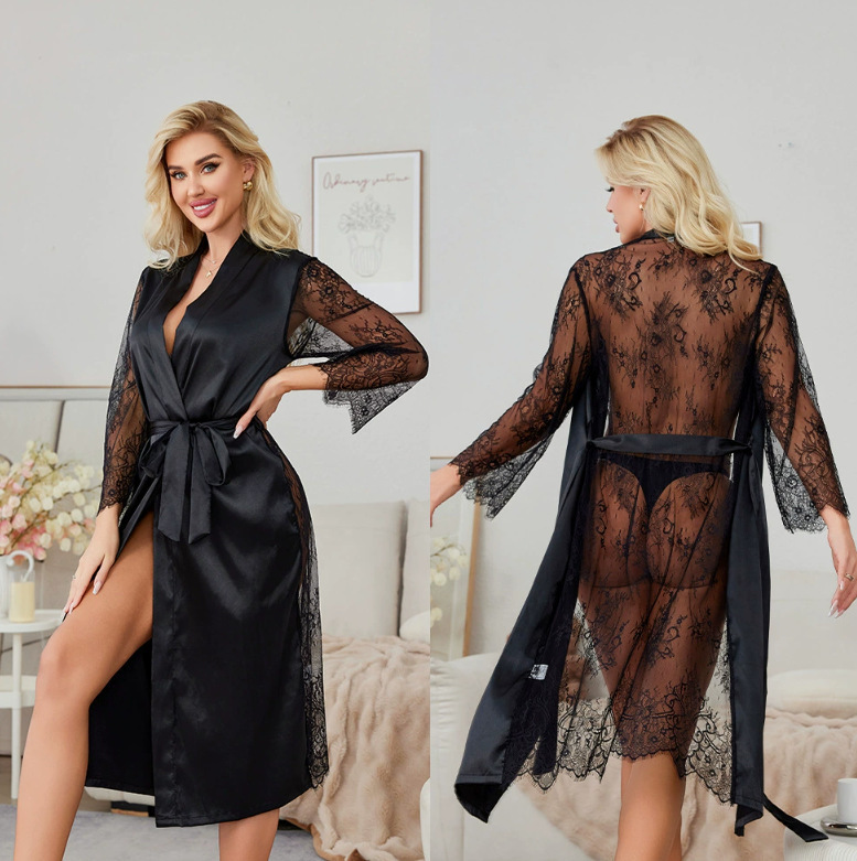 Cross-Border Amazon New Sexy Home Wear Women's Summer Pajamas Lace Patchwork Nightgown Bathrobe Long Nightgown Wholesale Cross-Border Amazon New Sexy Home Wear Women's Summer Pajamas Lace Patchwork Nightgown Bathrobe Long Nightgown Wholesale