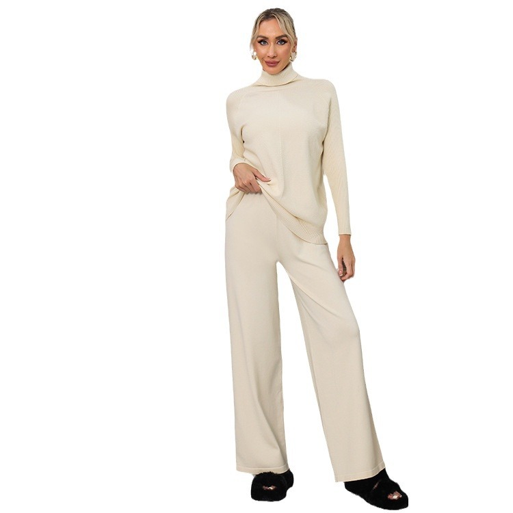 Damenbekleidung einfarbig hoher Kragen Strickpullover Modeanzug neuer Stil lässig hohe Taille breite Beinhose zweiteiliger Anzug_voghion.com