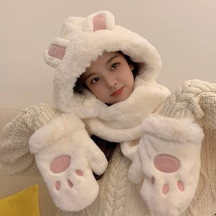 2024 New Hat Scarf Gloves One Winter Cute Three-piece Cat Claw Hat Plush Neck Student Hat for Women