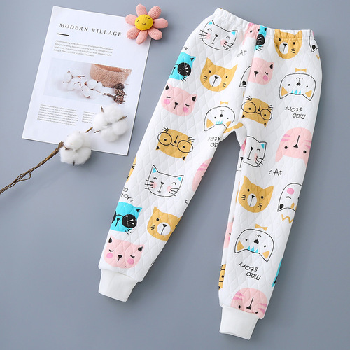 Children's three-layer padded warm pants with thick winter and autumn sleepwear, unisex, footed home pants, padded cotton pants