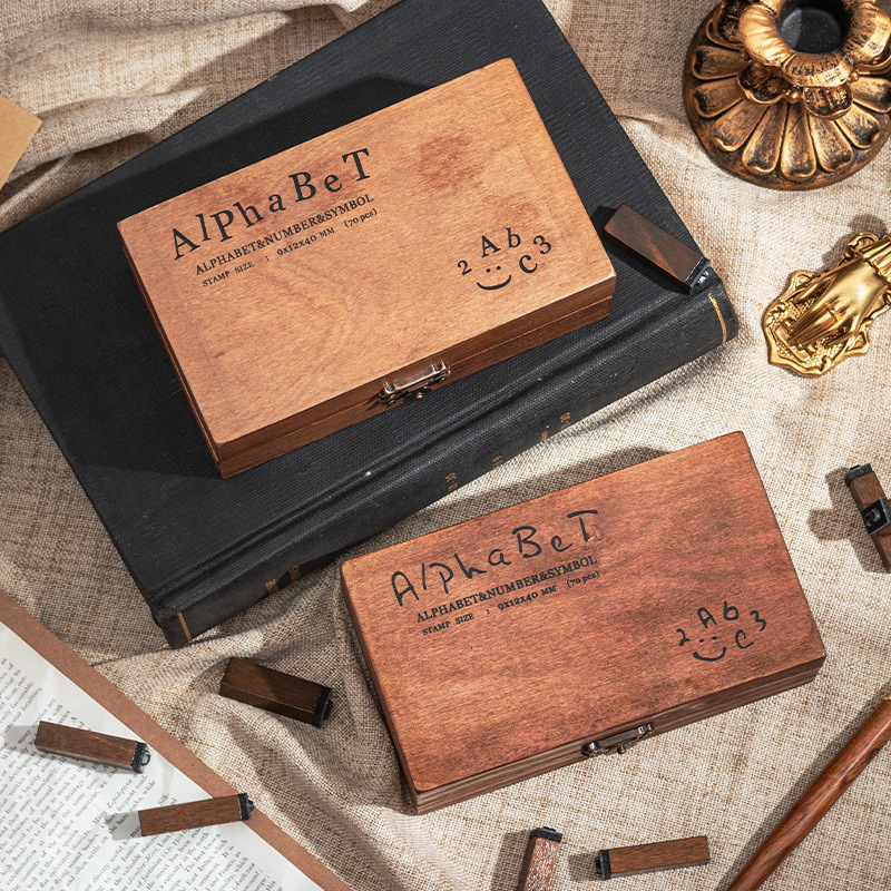 70 retro alfanuméricos caja de madera sello caja caja de letras mayúsculas y minúsculas cuerpo de hierba verdadero sello de libro de mano transfronterizo