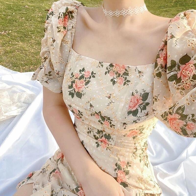 2023 new long skirt tea break French design side slit square collar bubble sleeve floral dress summer for children