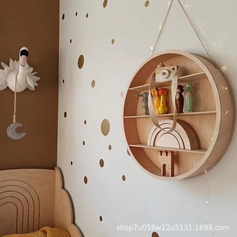 Wooden Round Storage Rack Hanging Partition Wall-Mounted Decorative Rack Children's Room Background Wall Storage Rack Retro Storage Rack