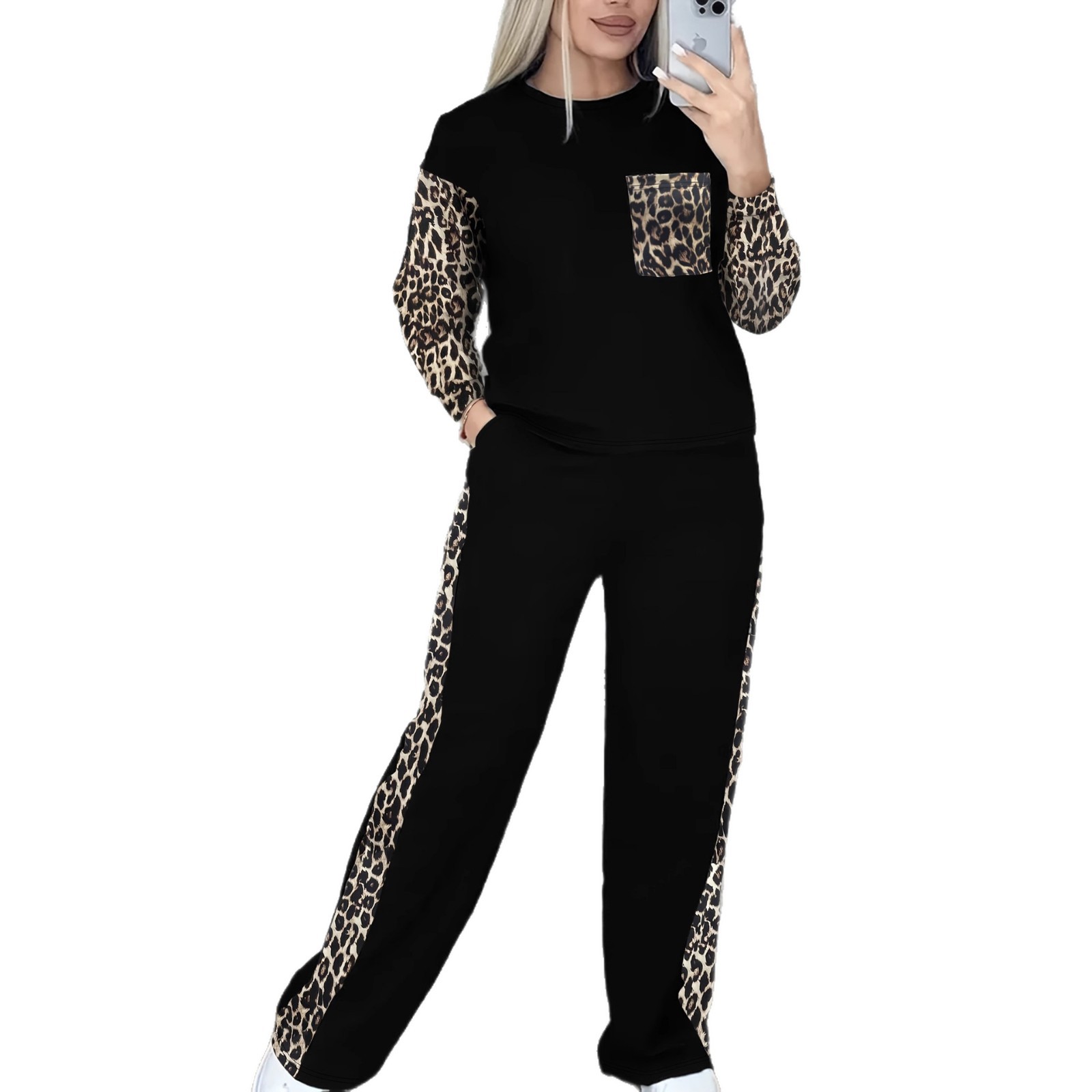 Women's Leopard Print Two Piece Set Crew Neck Top & High Waisted Trousers European American Style Trendy Winter Outfit_ecoleips.com